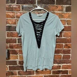 DREAMERS Gray/Blue Top with Black Lace-Up Detail One Size